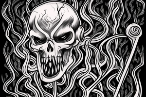 close up of grim reaper in a grey forest with a scythe tattoo idea