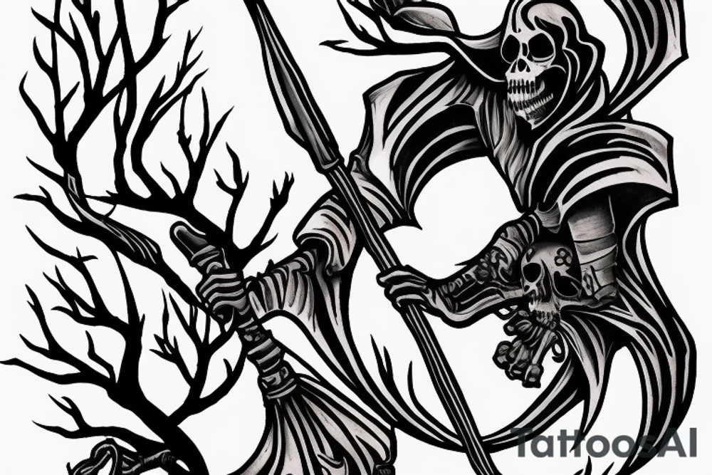 close up of grim reaper in a grey forest with a scythe tattoo idea