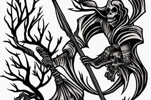 close up of grim reaper in a grey forest with a scythe tattoo idea