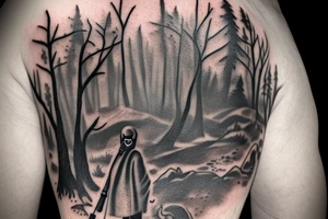 close up of grim reaper in a grey forest with a scythe tattoo idea
