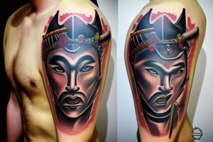 samurai with devil shadow tattoo idea