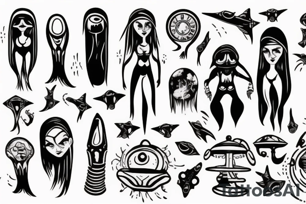 A woman getting abducted by aliens tattoo idea