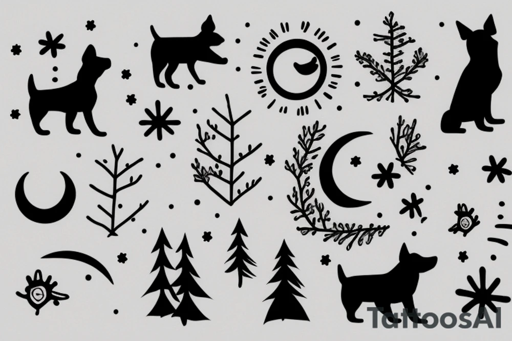 Minimalist dog, with spruce, moon and stars tattoo idea Minimalist dog, with spruce, moon and stars tattoo idea