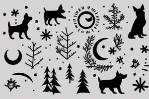 Minimalist dog, with spruce, moon and stars tattoo idea