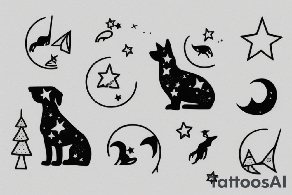 Minimalist dog, with spruce, moon and stars tattoo idea