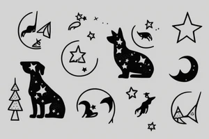 Minimalist dog, with spruce, moon and stars tattoo idea