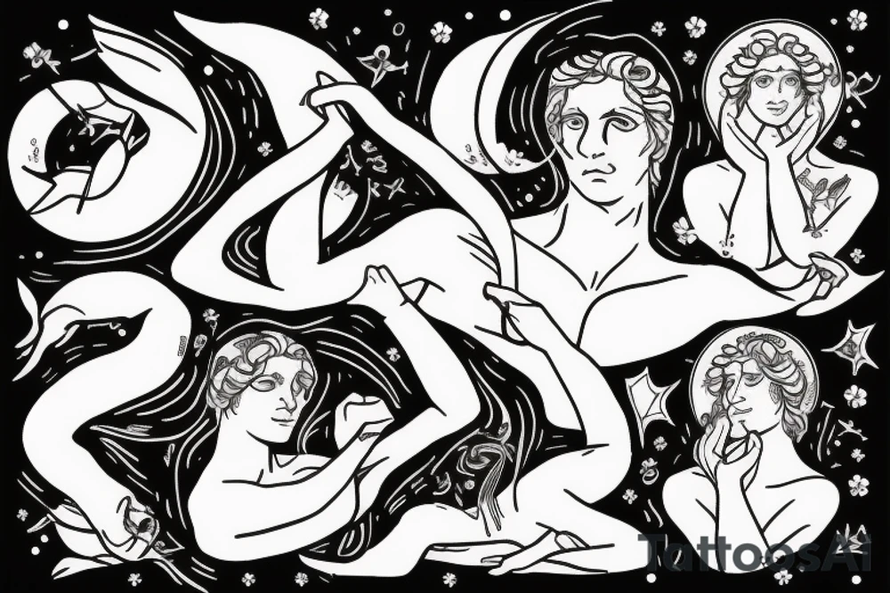 Greek myth   Narcissus  looking into water and seeing Leo constellation tattoo idea