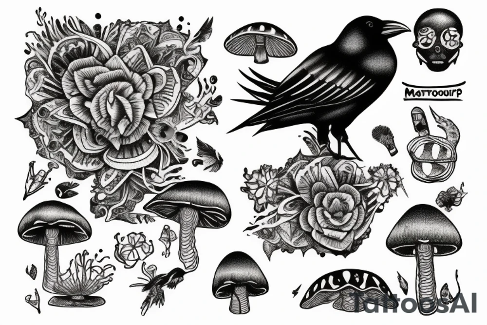 Crow sitting on magic mushroom tattoo idea