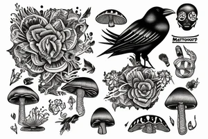 Crow sitting on magic mushroom tattoo idea