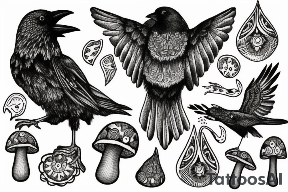 Crow sitting on magic mushroom tattoo idea