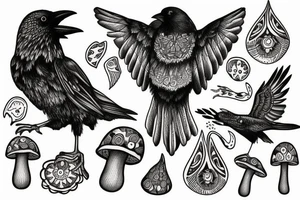 Crow sitting on magic mushroom tattoo idea