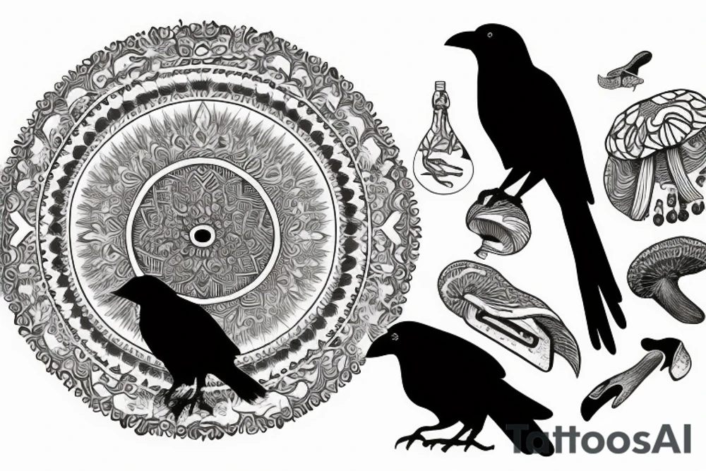 Crow sitting on magic mushroom tattoo idea