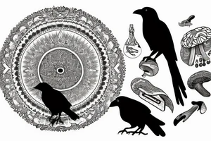 Crow sitting on magic mushroom tattoo idea