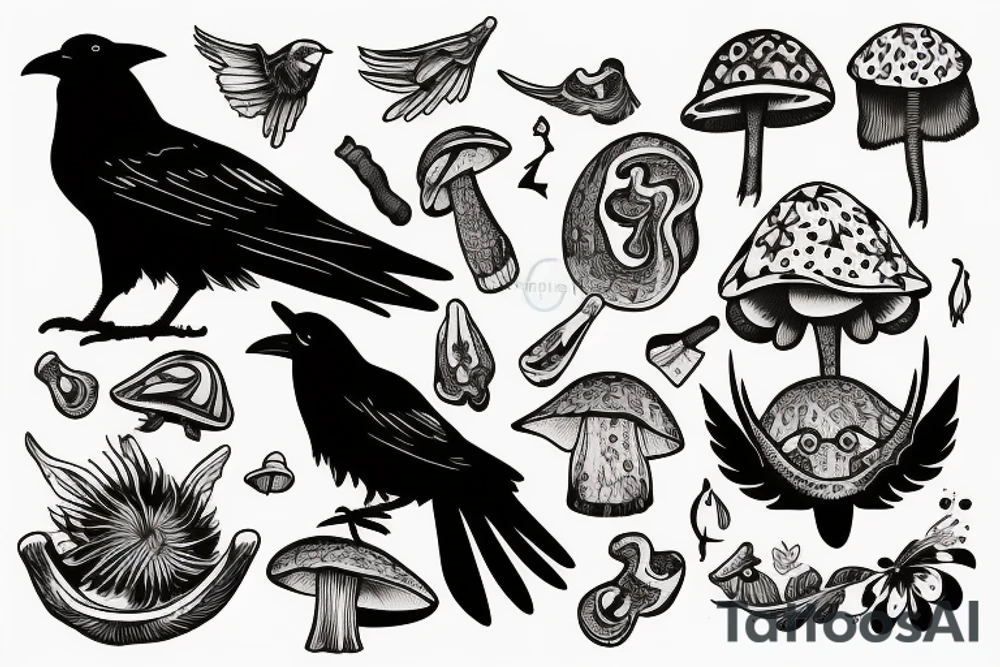 Crow sitting on magic mushroom tattoo idea