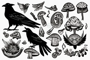Crow sitting on magic mushroom tattoo idea