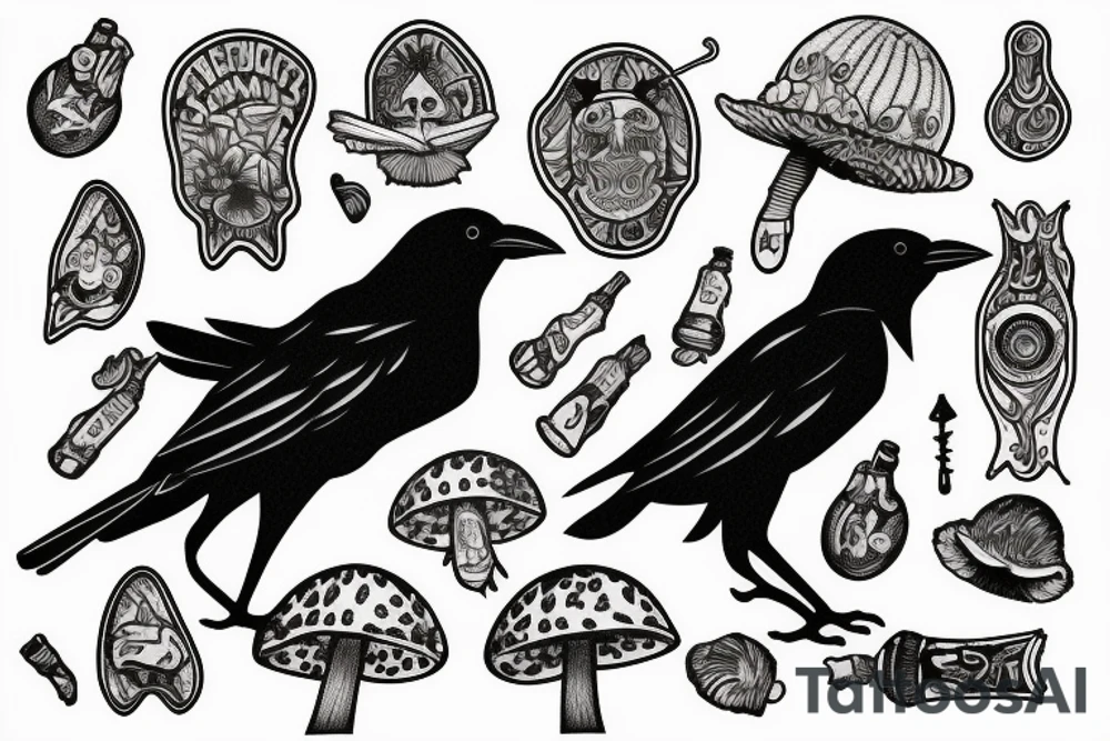 Crow sitting on magic mushroom tattoo idea