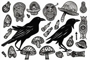 Crow sitting on magic mushroom tattoo idea