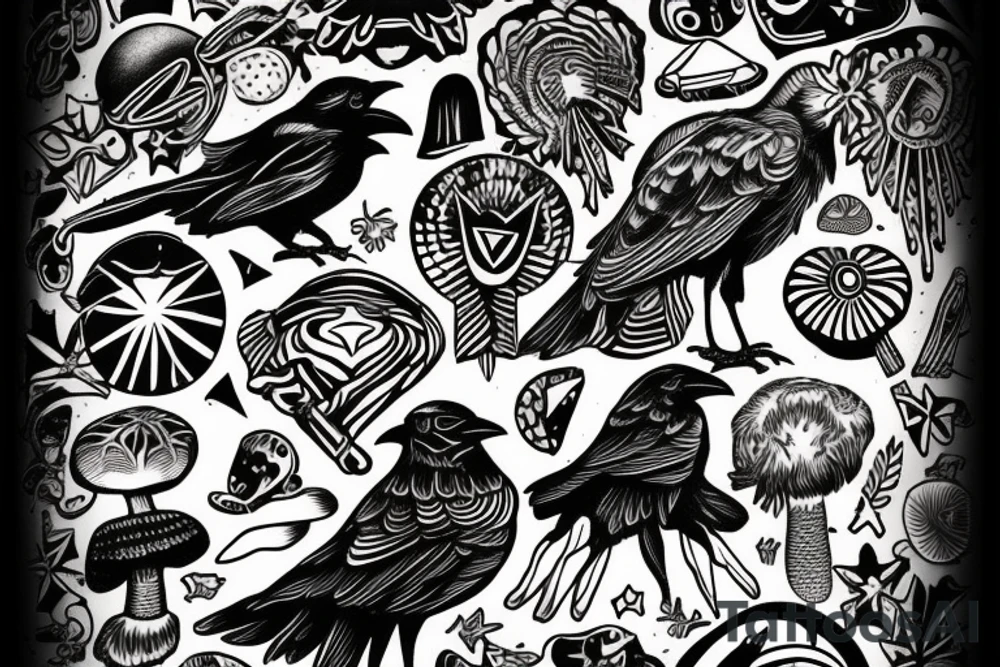Crow sitting on magic mushroom tattoo idea