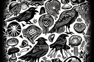 Crow sitting on magic mushroom tattoo idea