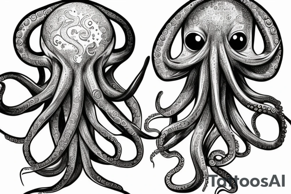 An octopus that seems to be thinking, looking very cerebral, drawn as if it were a sketch that comes to life tattoo idea