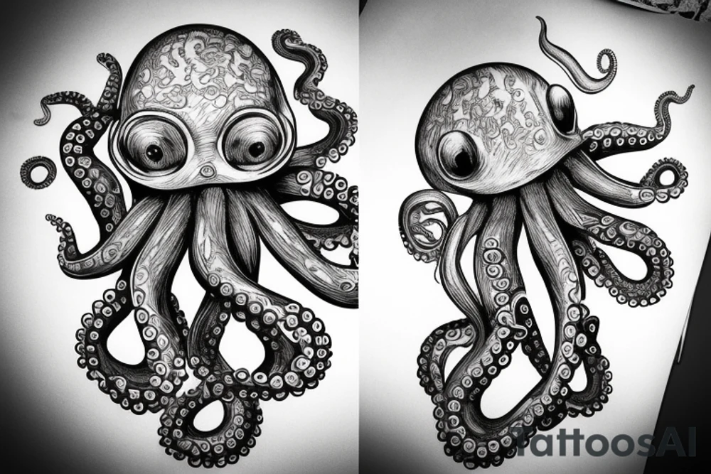 An octopus that seems to be thinking, looking very cerebral, drawn as if it were a sketch that comes to life tattoo idea