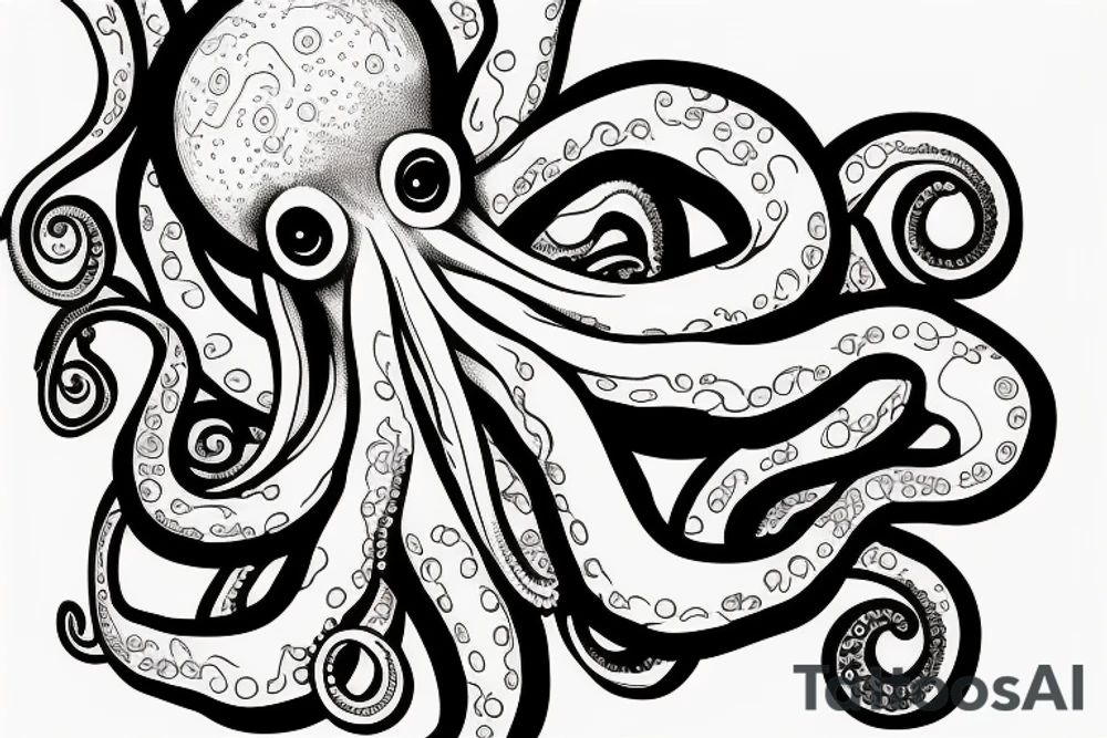 An octopus very old, that seems to be thinking, looking very cerebral, drawn as if it were a sketch that comes to life tattoo idea