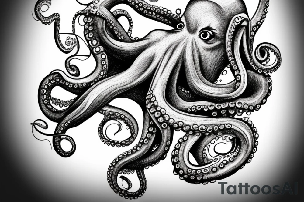 An octopus very old, that seems to be thinking, looking very cerebral, drawn as if it were a sketch that comes to life tattoo idea