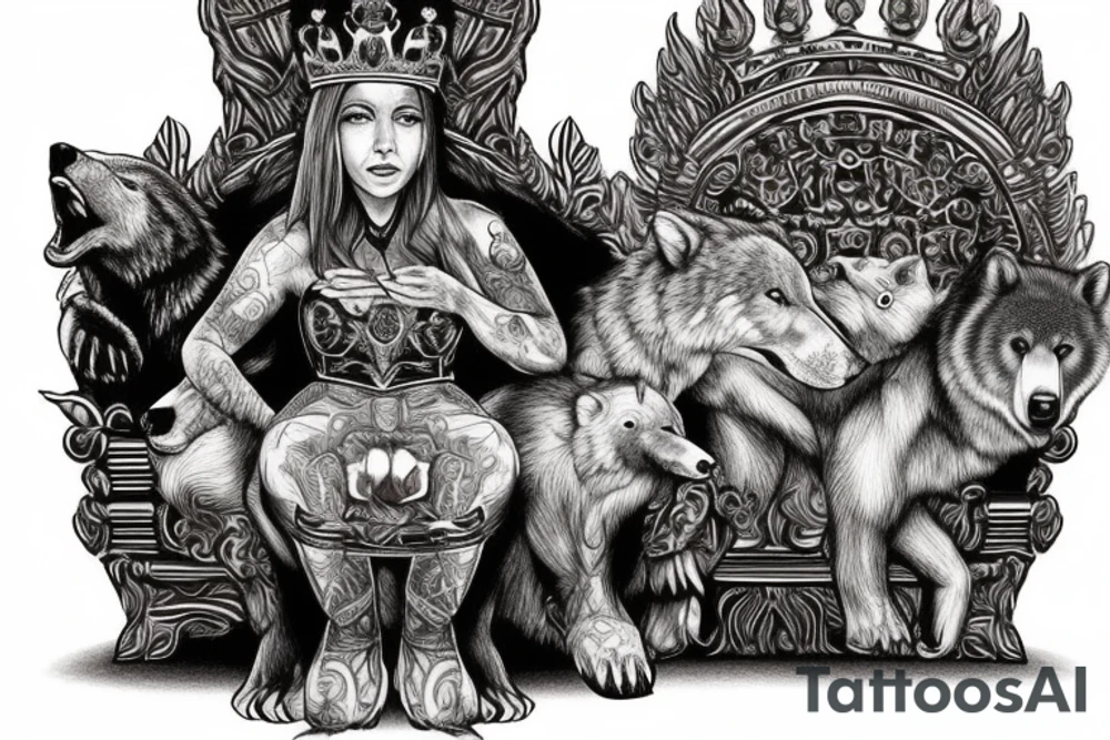 Bear sitting on king’s throne. 2 bear cubs laying to his right. A wolf sits on his left in her queen’s throne seat. Below the queen is a wolf pup sleeping at her feet. tattoo idea