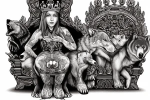 Bear sitting on king’s throne. 2 bear cubs laying to his right. A wolf sits on his left in her queen’s throne seat. Below the queen is a wolf pup sleeping at her feet. tattoo idea