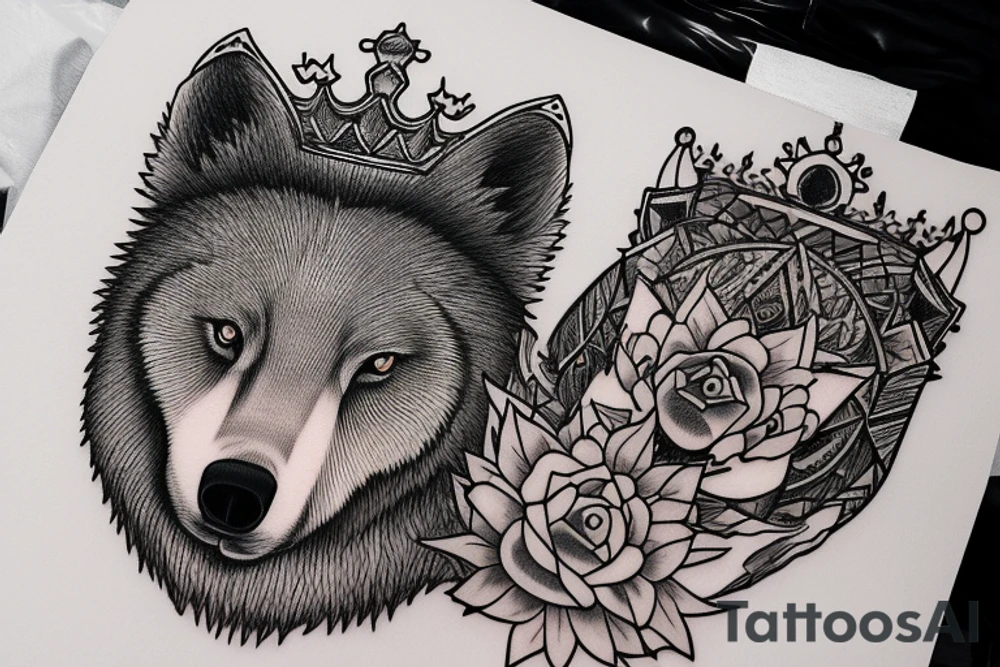 Bear sitting on king’s throne. 2 bear cubs laying to his right. A wolf sits on his left in her queen’s throne seat. Below the queen is a wolf pup sleeping at her feet. tattoo idea