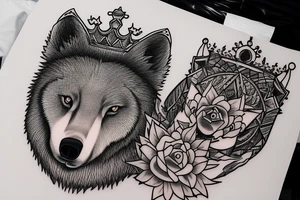 Bear sitting on king’s throne. 2 bear cubs laying to his right. A wolf sits on his left in her queen’s throne seat. Below the queen is a wolf pup sleeping at her feet. tattoo idea