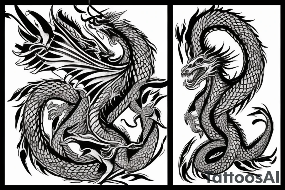 A dragon intertwined with a phoenix and floral elements throughout. tattoo idea