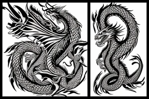 A dragon intertwined with a phoenix and floral elements throughout. tattoo idea