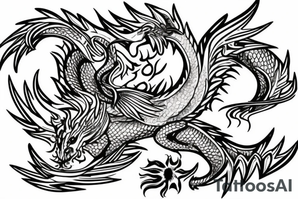 A dragon intertwined with a phoenix and floral elements throughout. tattoo idea