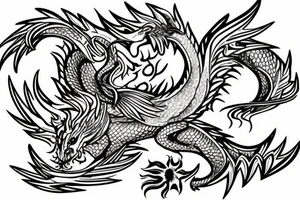 A dragon intertwined with a phoenix and floral elements throughout. tattoo idea
