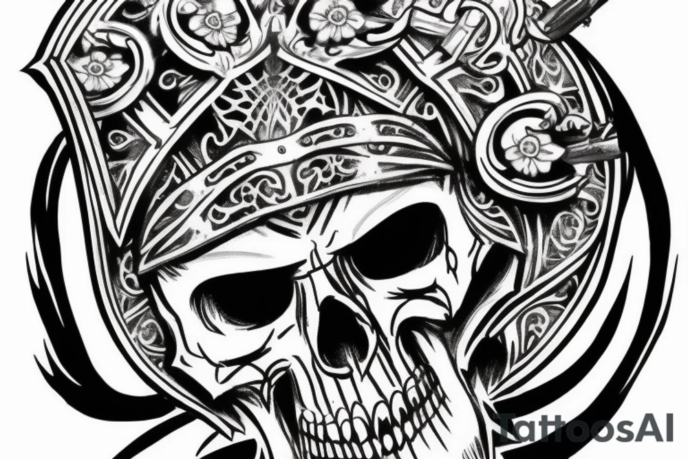 Forearm knight helmet with skull and filigree tattoo idea
