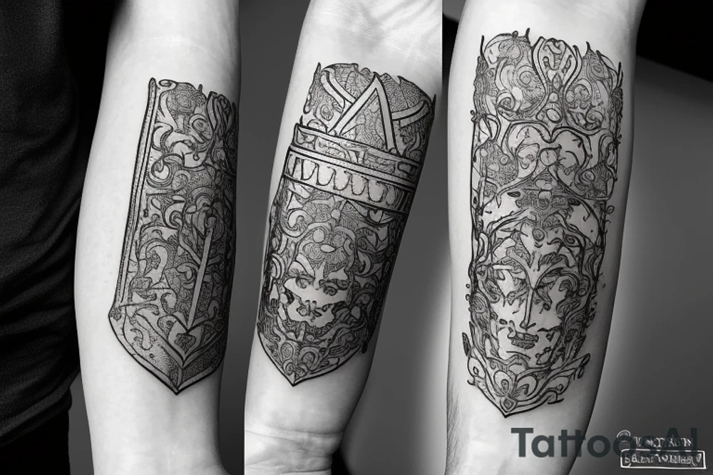 Forearm knight helmet and filigree tattoo idea