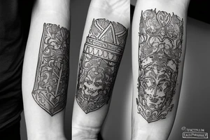 Forearm knight helmet and filigree tattoo idea