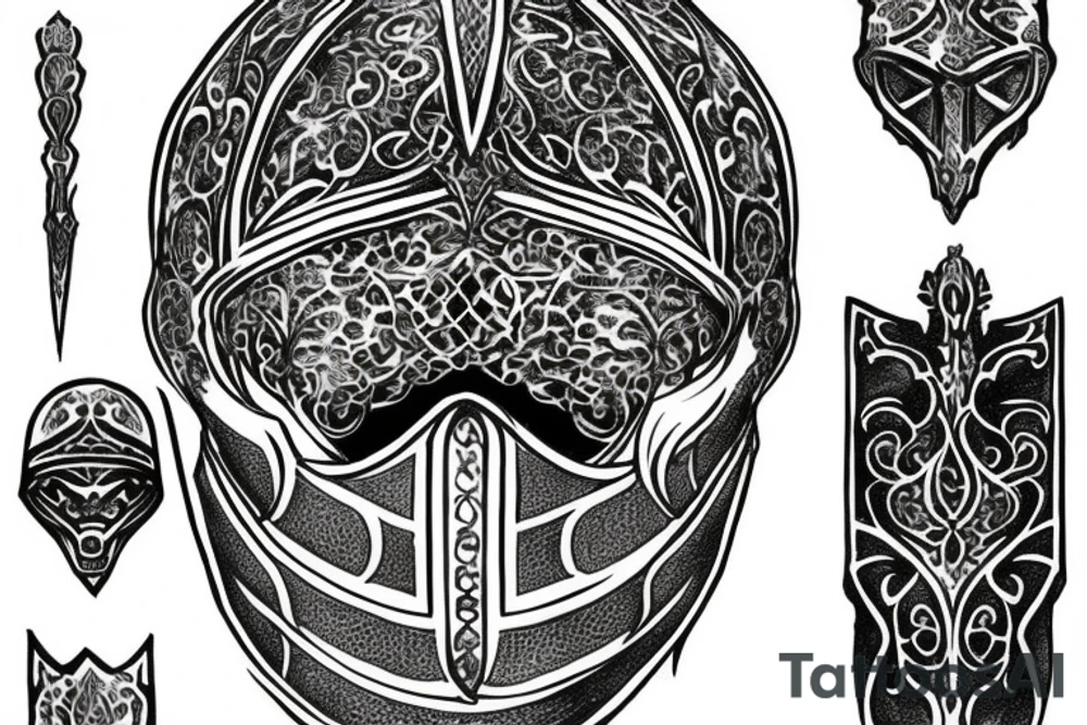 Forearm knight helmet filigree tattoo idea