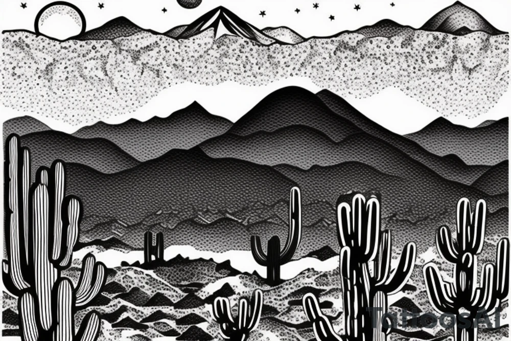 desert landscape with saguaro cactus in the foreground and mountains in the background tattoo idea