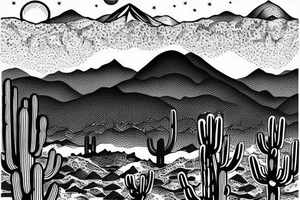 desert landscape with saguaro cactus in the foreground and mountains in the background tattoo idea