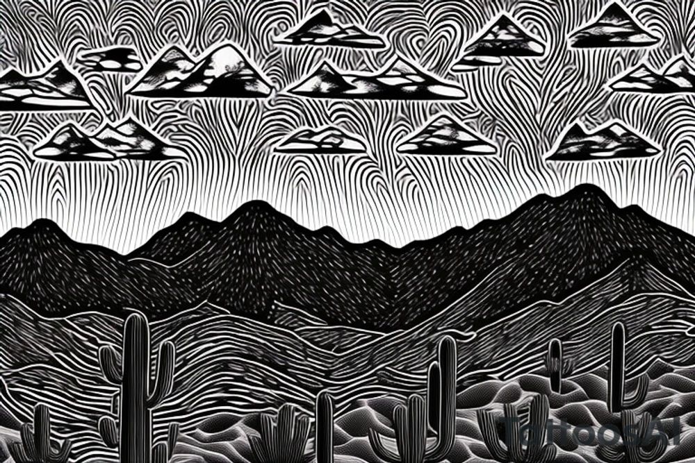 desert landscape with saguaro cactus in the foreground and mountains in the background tattoo idea