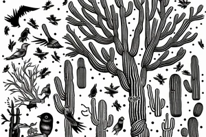 1 very old saguaro cactus with a family of birds living in it tattoo idea