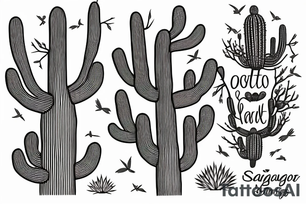 1 very old saguaro cactus with a family of birds living in it tattoo idea