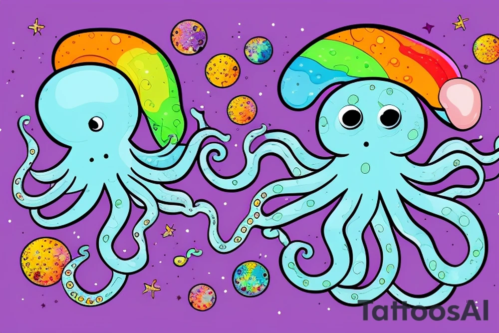 Rainbow colored octopus with galaxy background tattoo idea