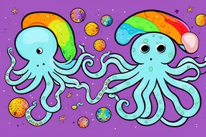 Rainbow colored octopus with galaxy background tattoo idea