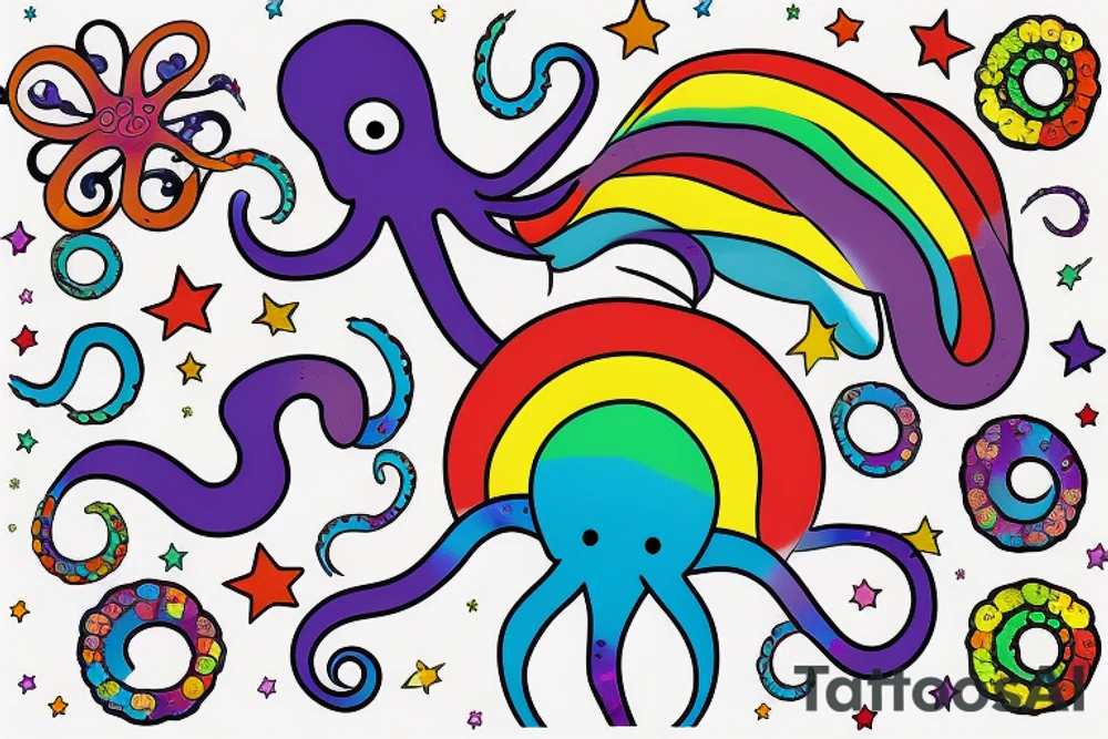 Rainbow colored octopus with galaxy background tattoo idea