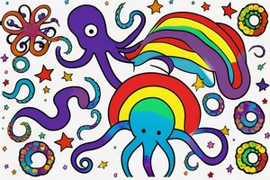 Rainbow colored octopus with galaxy background tattoo idea