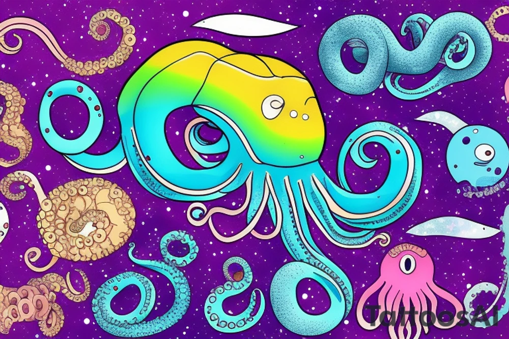 Rainbow colored octopus with galaxy background tattoo idea
