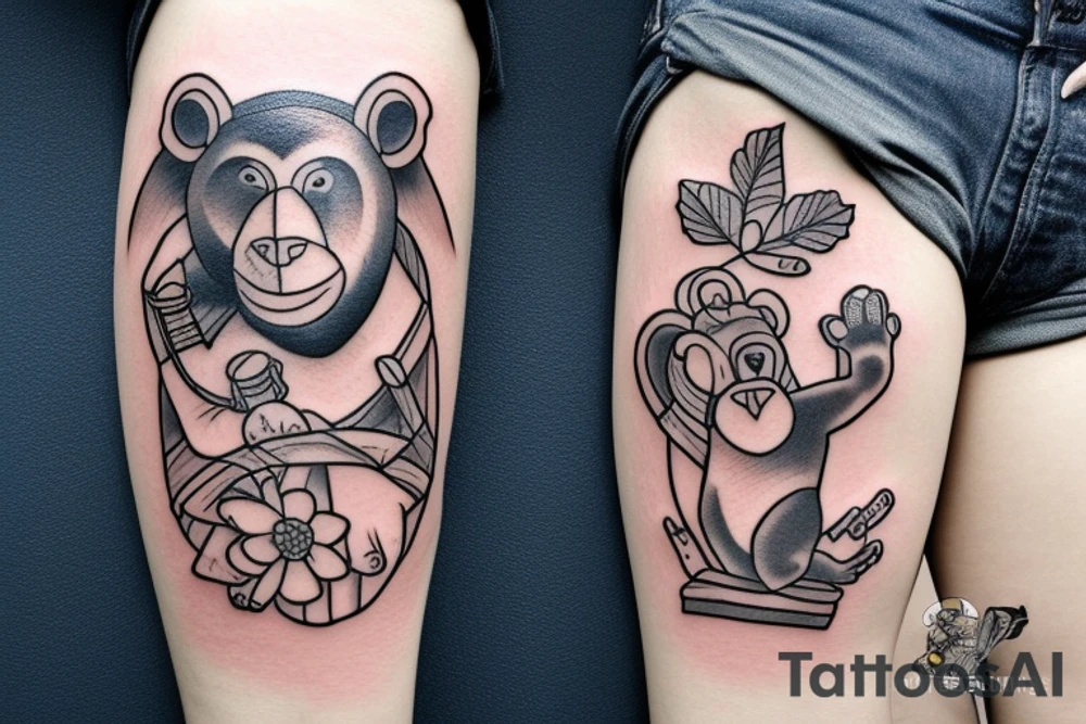 Bear with a cat, a monkey, and a bumblebee tattoo idea
